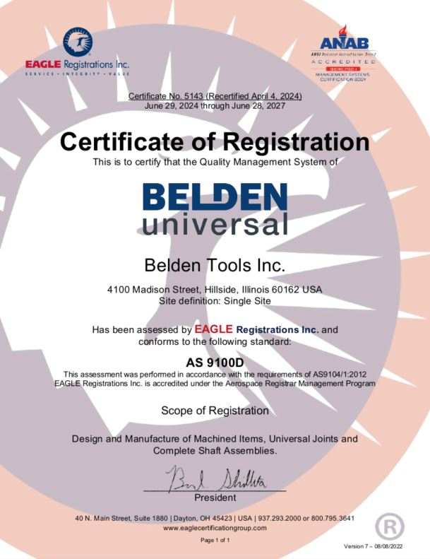 Belden AS 9100 certificate